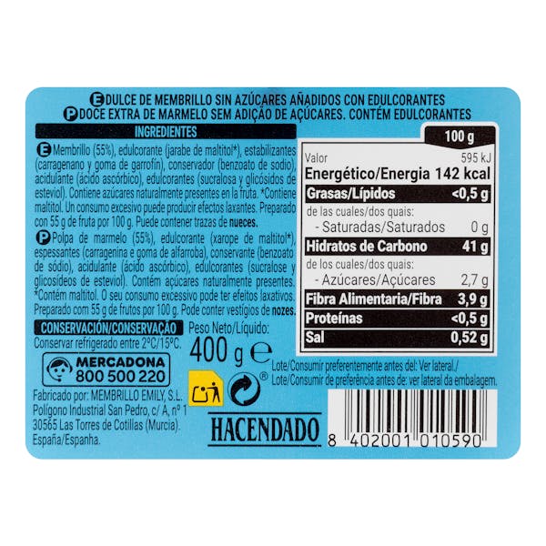 Dulce de membrillo Hacendado 0% azúcares añadidos