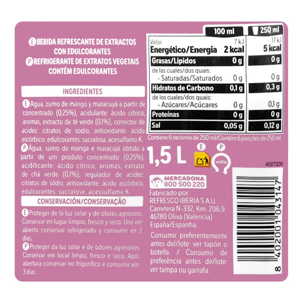 Refresco té verde Zero Hacendado sabor maracuyá y mango