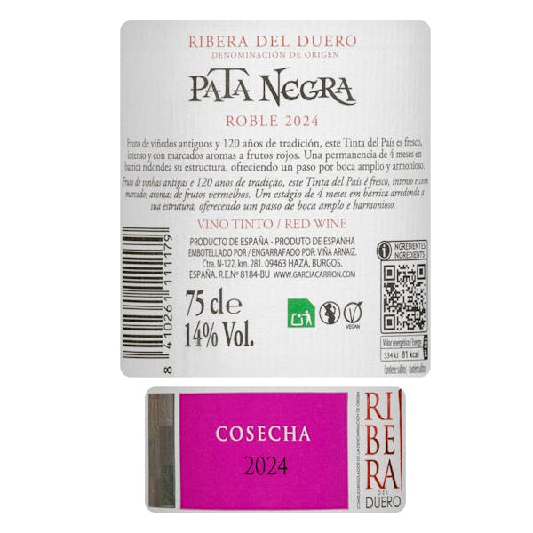 Vino tinto roble Pata Negra DO Ribera del Duero