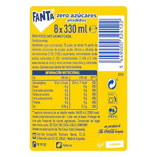 Refresco Fanta limón zero azúcares añadidos