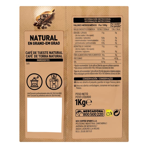 Café en grano natural Hacendado
