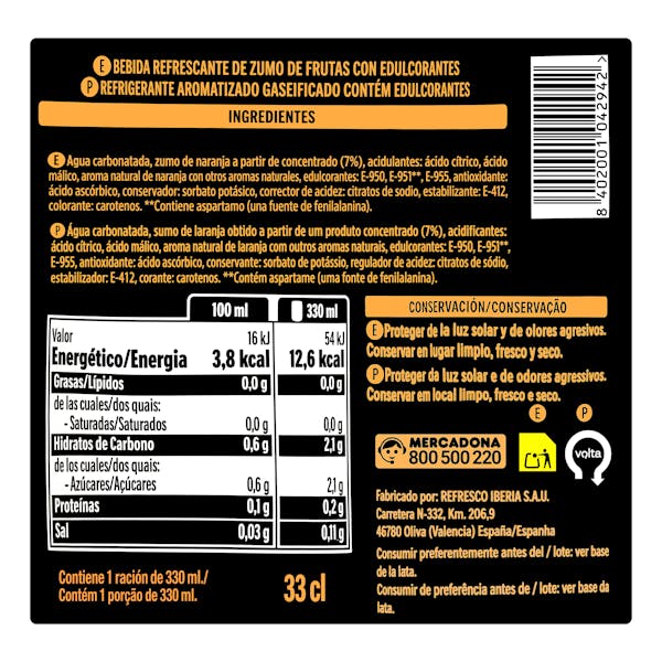 Refresco de naranja Hacendado zero azúcar fresh gas