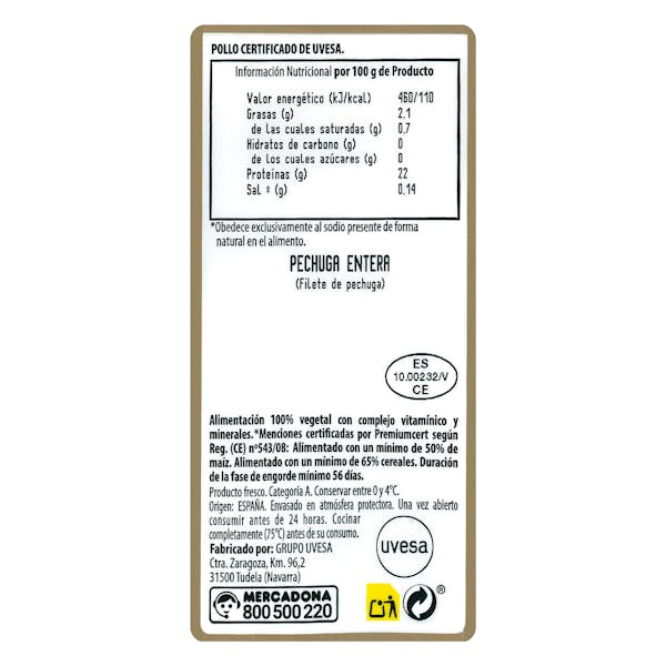 Pechugas enteras de pollo certificado alimentado con un 50% de maíz