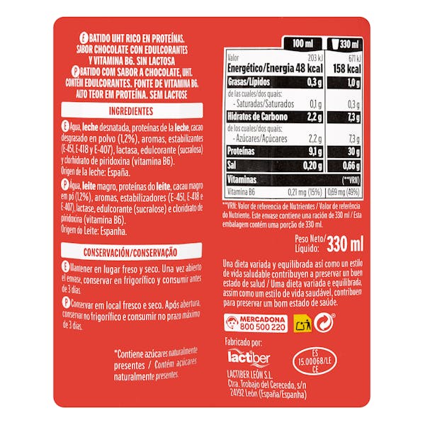 Batido lácteo sabor chocolate +Proteínas Hacendado 30 g proteínas