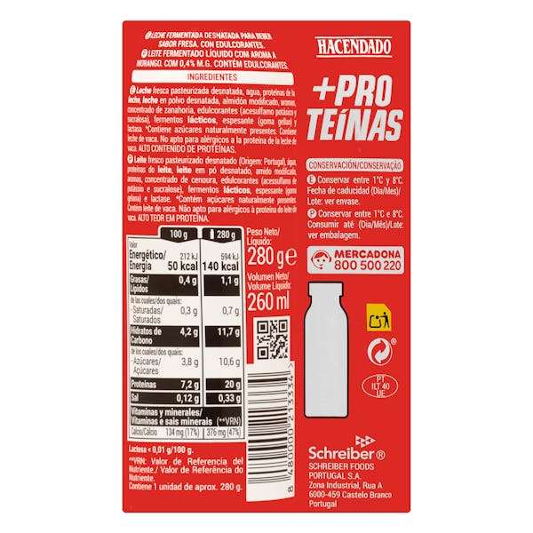 Bebida láctea sabor fresa +Proteínas Hacendado 0% MG 20 g proteínas