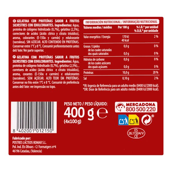 Gelatina sabor a frutos silvestres +Proteínas Hacendado 10 g proteínas 0% azúcar