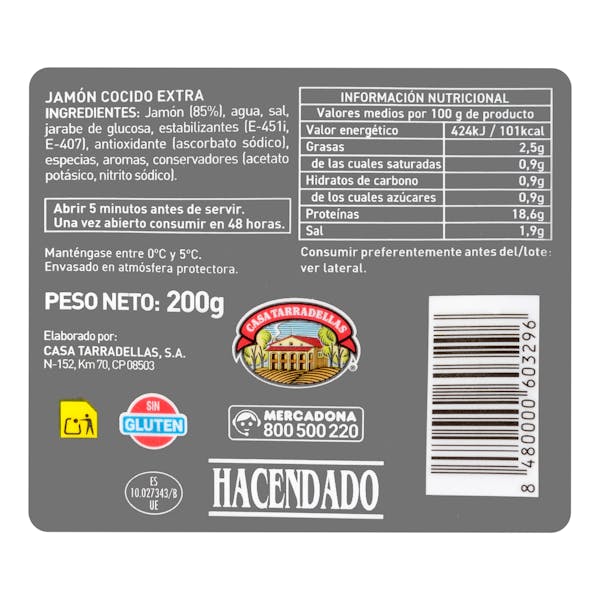 Jamón cocido extra Hacendado finas lonchas