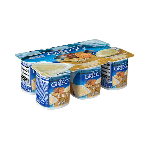 Yogur griego dulce Hacendado con dulce de leche, galleta y plátano