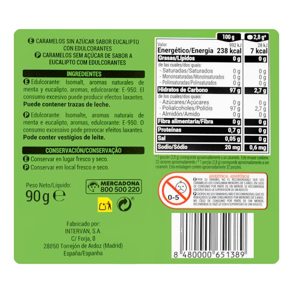 Caramelos sabor eucalipto y mentol Hacendado 0% azúcares