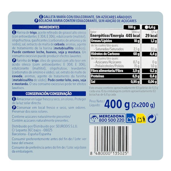 Galletas María dorada Hacendado 0% azúcares añadidos