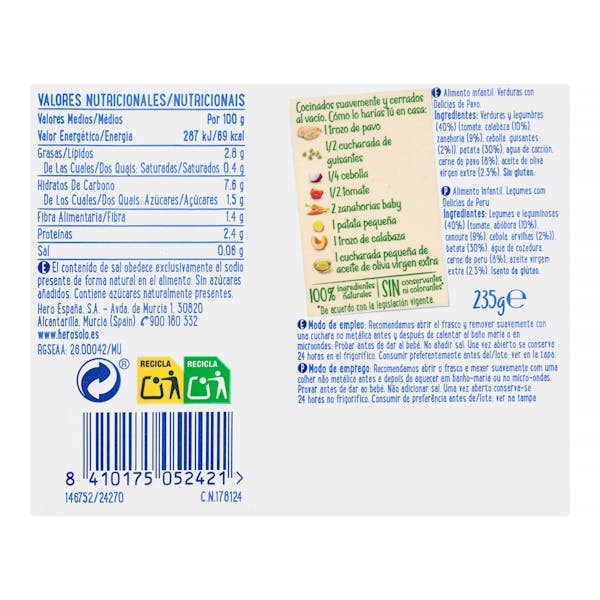 Papilla verduritas con delicias de pavo Hero Solo natur +6 meses