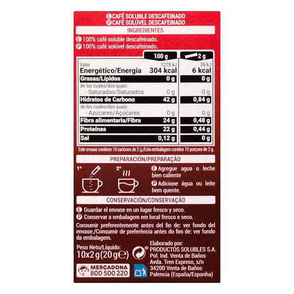Café soluble descafeinado en sobres Hacendado