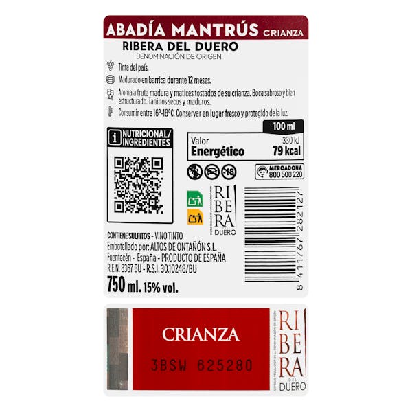 Vino tinto crianza Abadía Mantrús DO Ribera del Duero