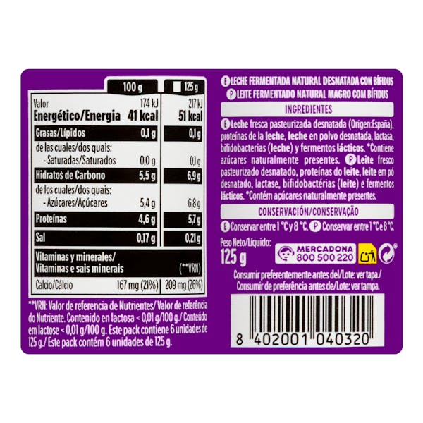 Bífidus natural probióticos Hacendado 0% MG 0% azúcares añadidos