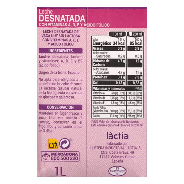 Leche desnatada sin lactosa Hacendado