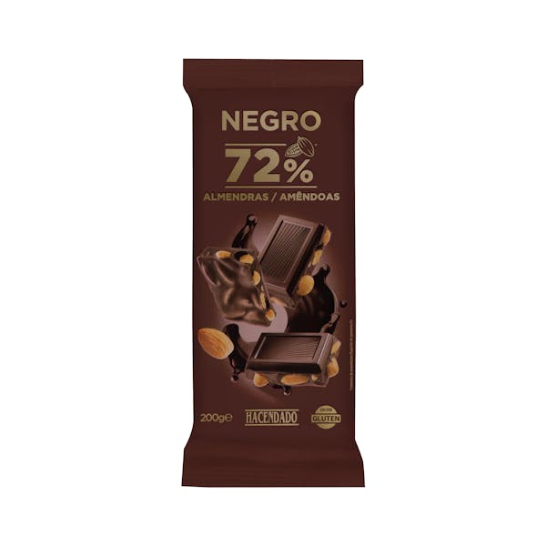 Chocolate negro 72% de cacao Hacendado con almendras enteras
