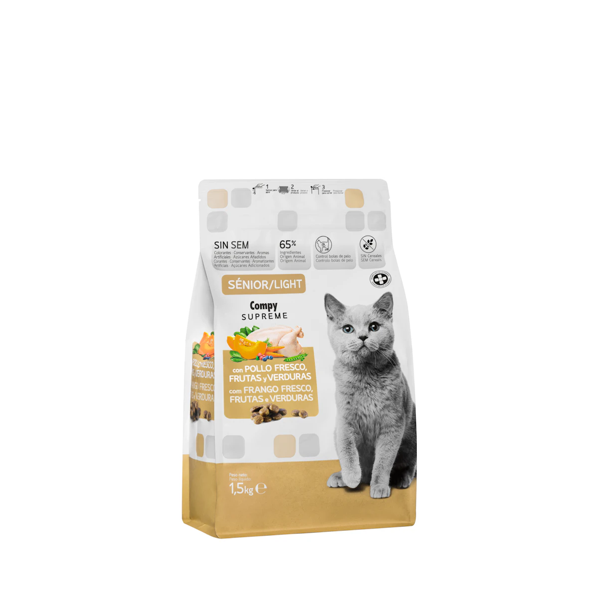 Comida gato sénior Supreme Compy con pollo fresco, frutas y verduras – Mercadona – صورة إعلانية للمنتج