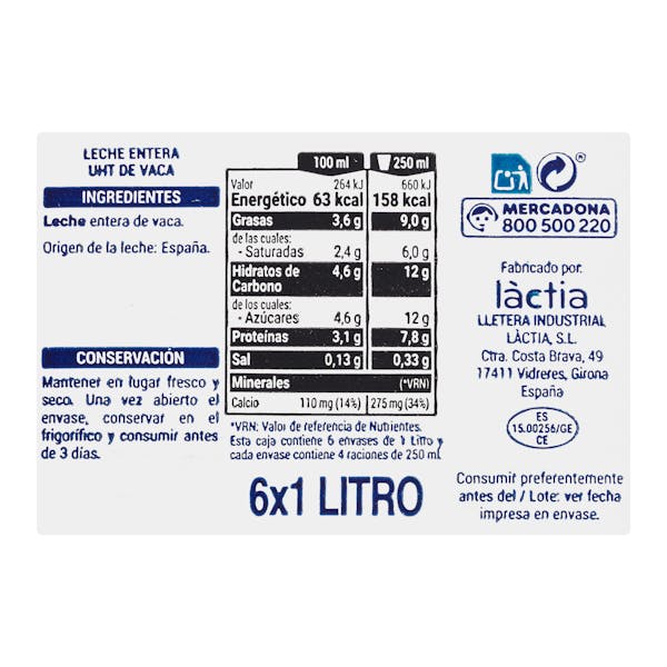 Leche entera Hacendado