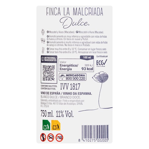 Vino blanco dulce Finca La Malcriada DO Valencia
