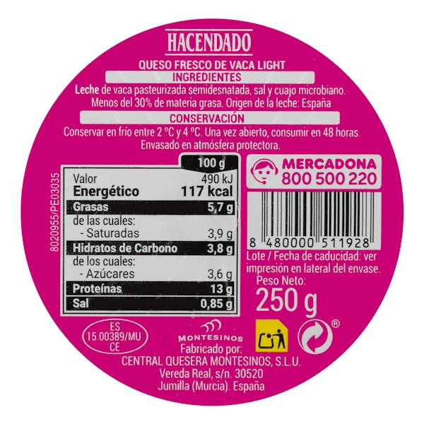 Queso fresco light de vaca Hacendado