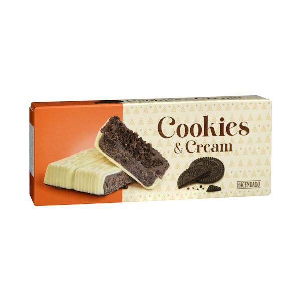 Turrón chocolate blanco Cookies & Cream Hacendado relleno de crema de galletas y cacao