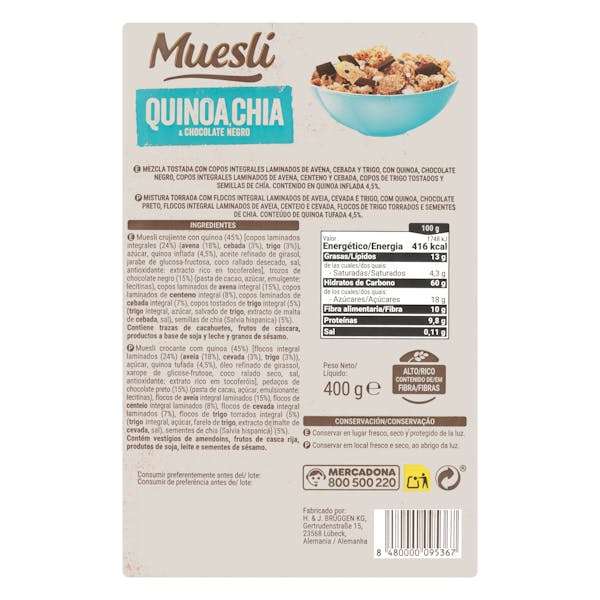 Muesli Hacendado con quinoa, chía y chocolate negro