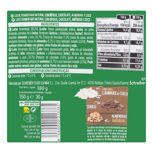 Bífidus natural probióticos Hacendado con coco, almendras y chocolate