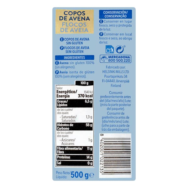 Copos de avena sin gluten Hacendado