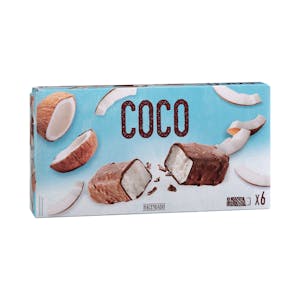 Helado barrita crema sabor coco Hacendado con cobertura de chocolate con leche