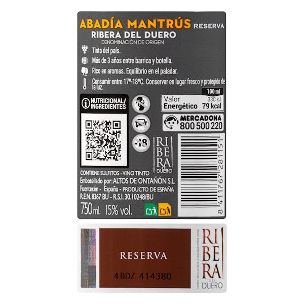 Vino tinto reserva Abadía Mantrús DO Ribera del Duero