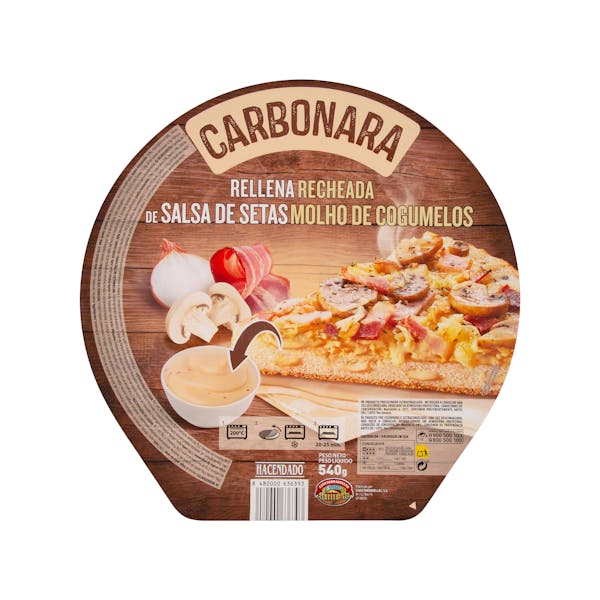 Pizza carbonara rellena de salsa de setas Hacendado mercadona