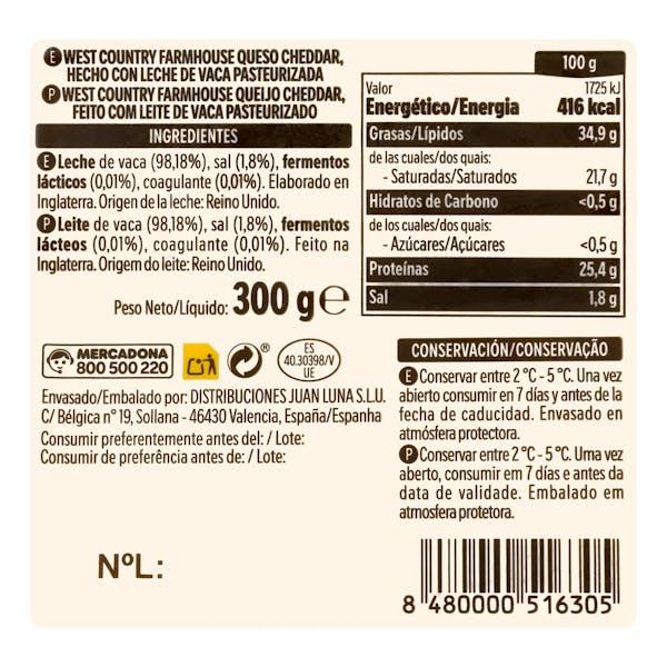 Queso curado cheddar Hacendado